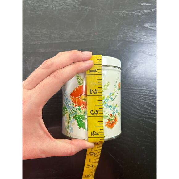 Vintage Decorative Tin- Cylinder- White Orange Blue Floral- 4x3.5" with lid - Picture 4 of 7